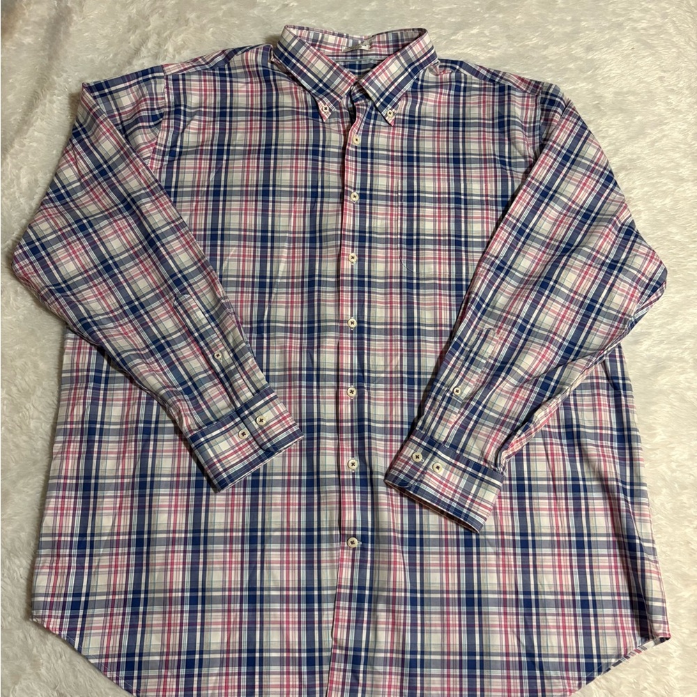 PETER MILLAR Long Sleeve 2XL
Button Down Blue And Pink 100%
Cotton Plaid Shirt